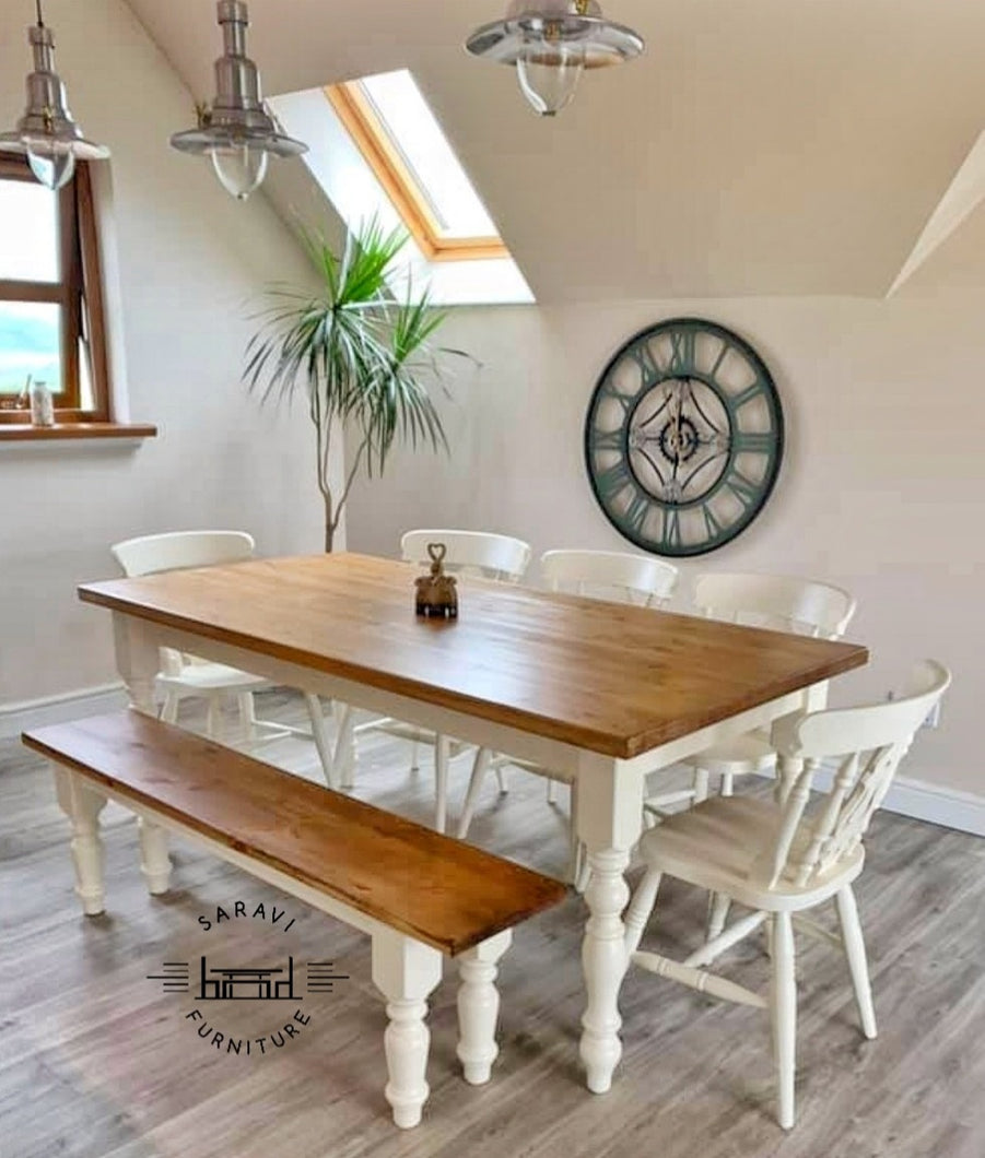 Handmade Rustic Farmhouse Dining Table with Chairs and Bench - Saravi Furniture